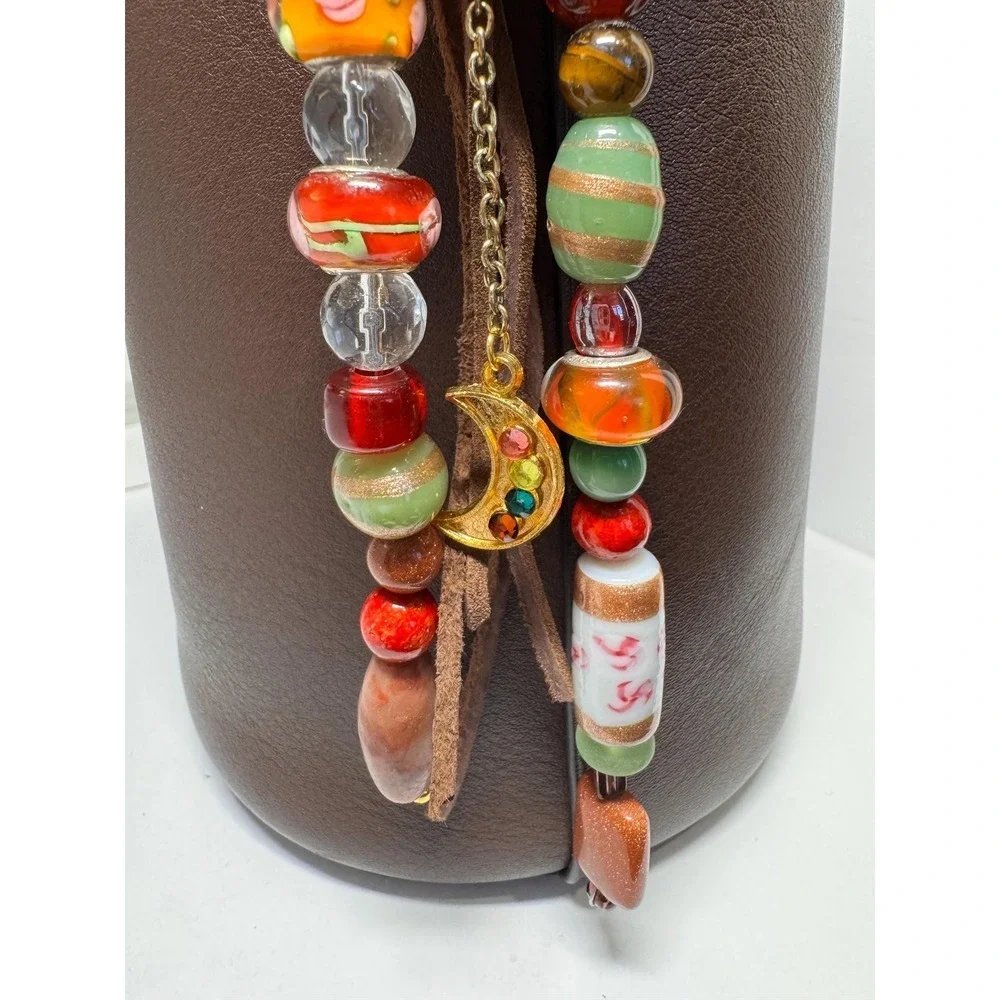 Boho Beaded Bag Purse Charm‎ reds & brown colors gold tone Gift